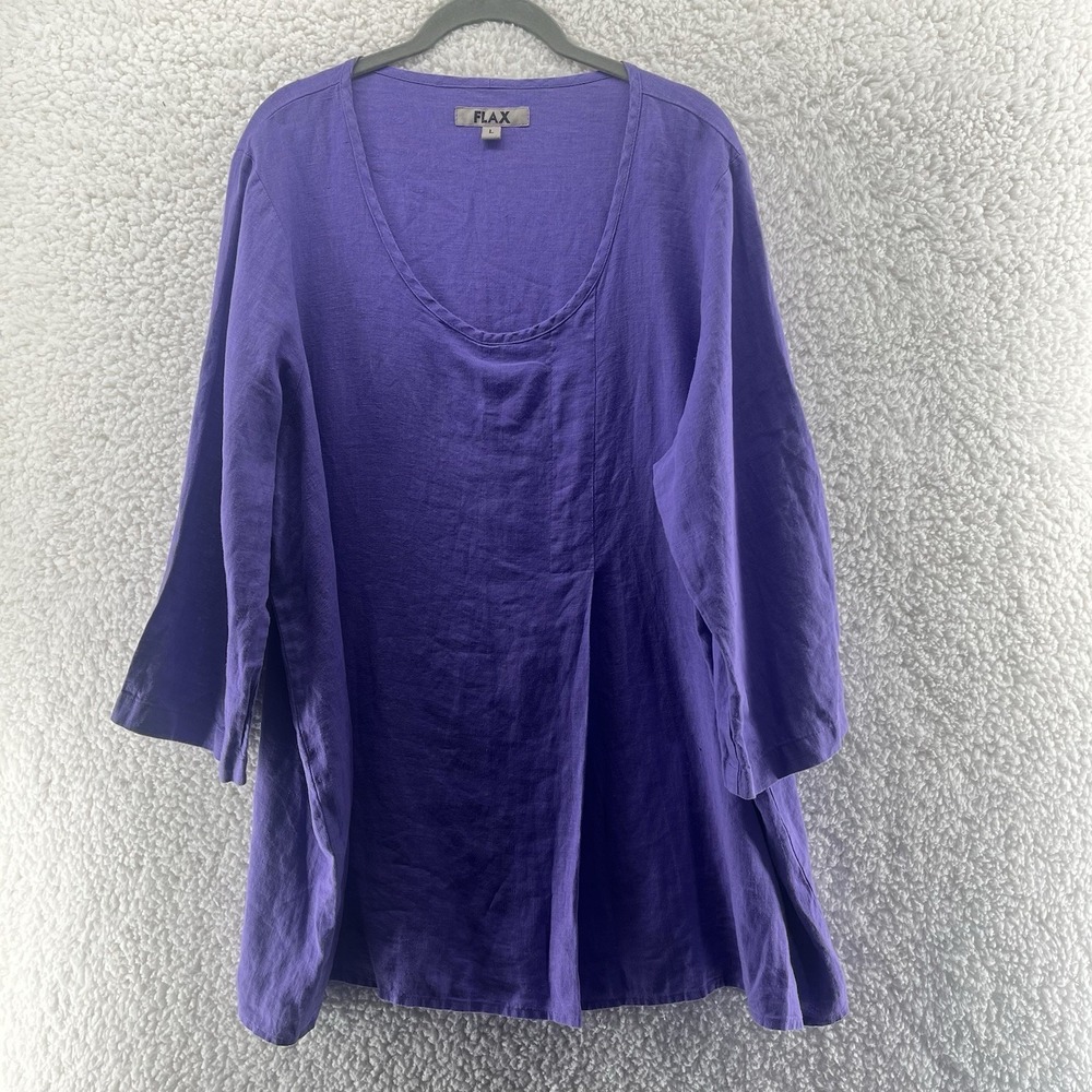 Flax Blouse Women's Large Purple 100% Linen 3/4 Sleeve Lagenlook Pleated Front